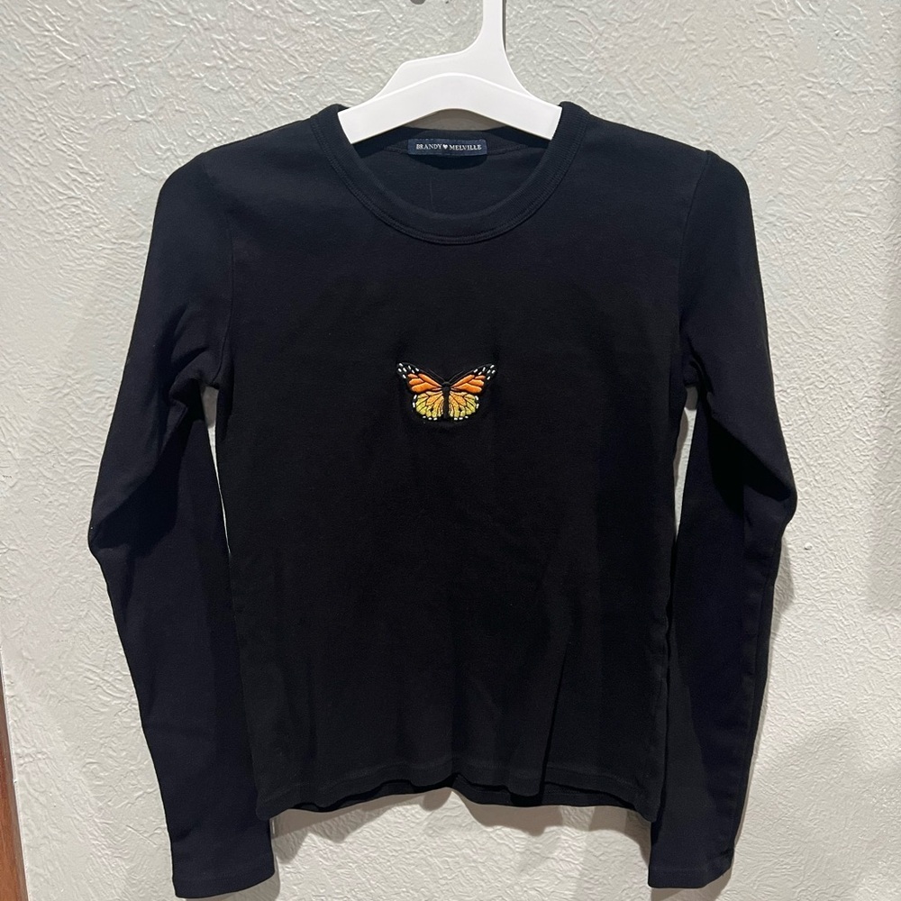 Brandy Melville Black Long Sleeve Top Embroidered Butterfly 100% Cotton OS